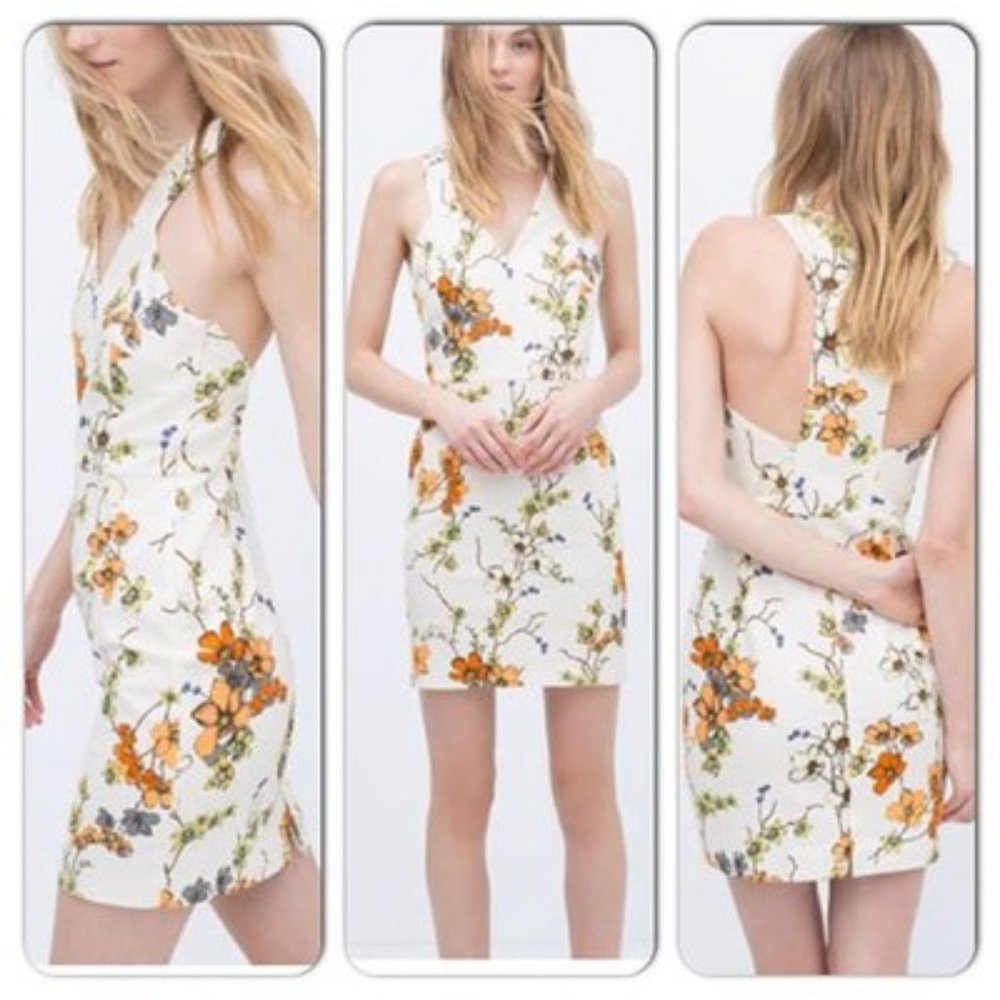 Zara Floral Print White V-neck Mini Dress, XS